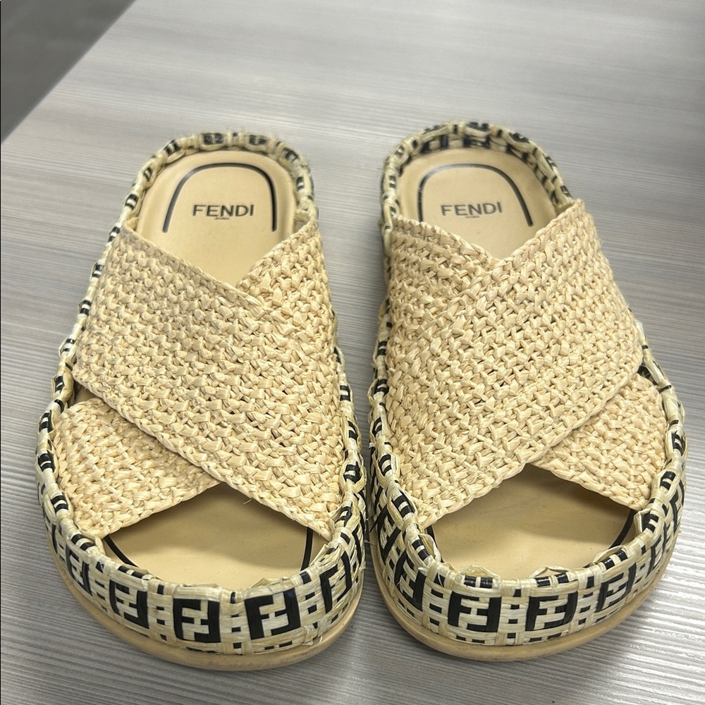 Fendi Zucca FF Logo Raffia Espadrilles